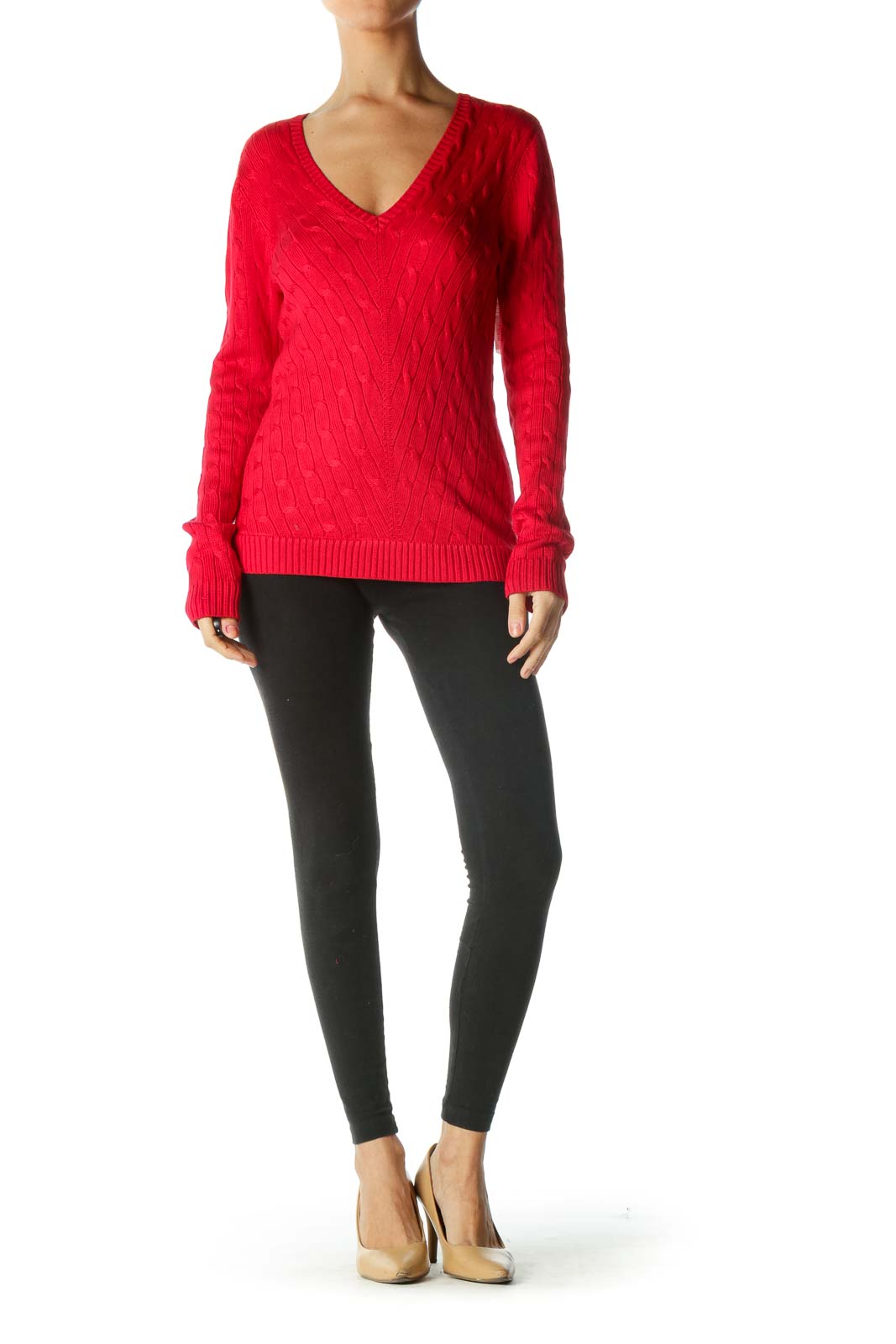 Red Knit V-Neck Sweater