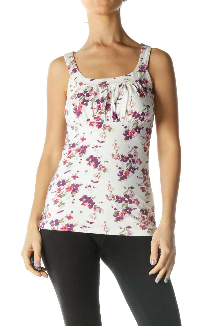 White, Purple and Pink Floral Scoop Neck Sleeveless Knit Top