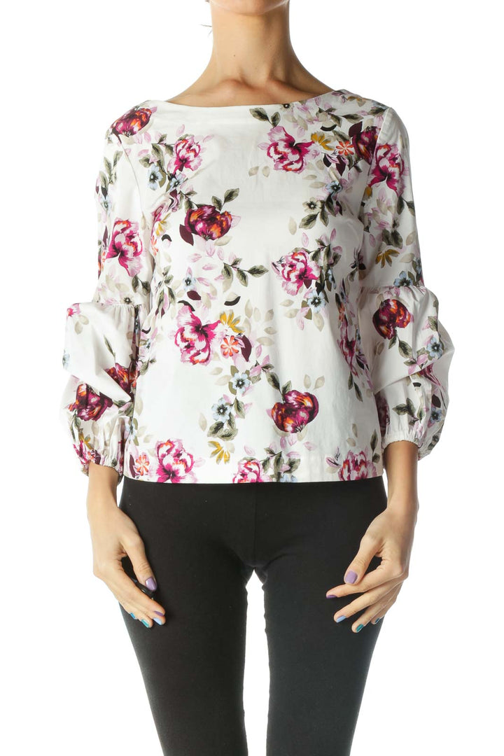 White Multicolored Floral Print Bishop Sleeve Blouse