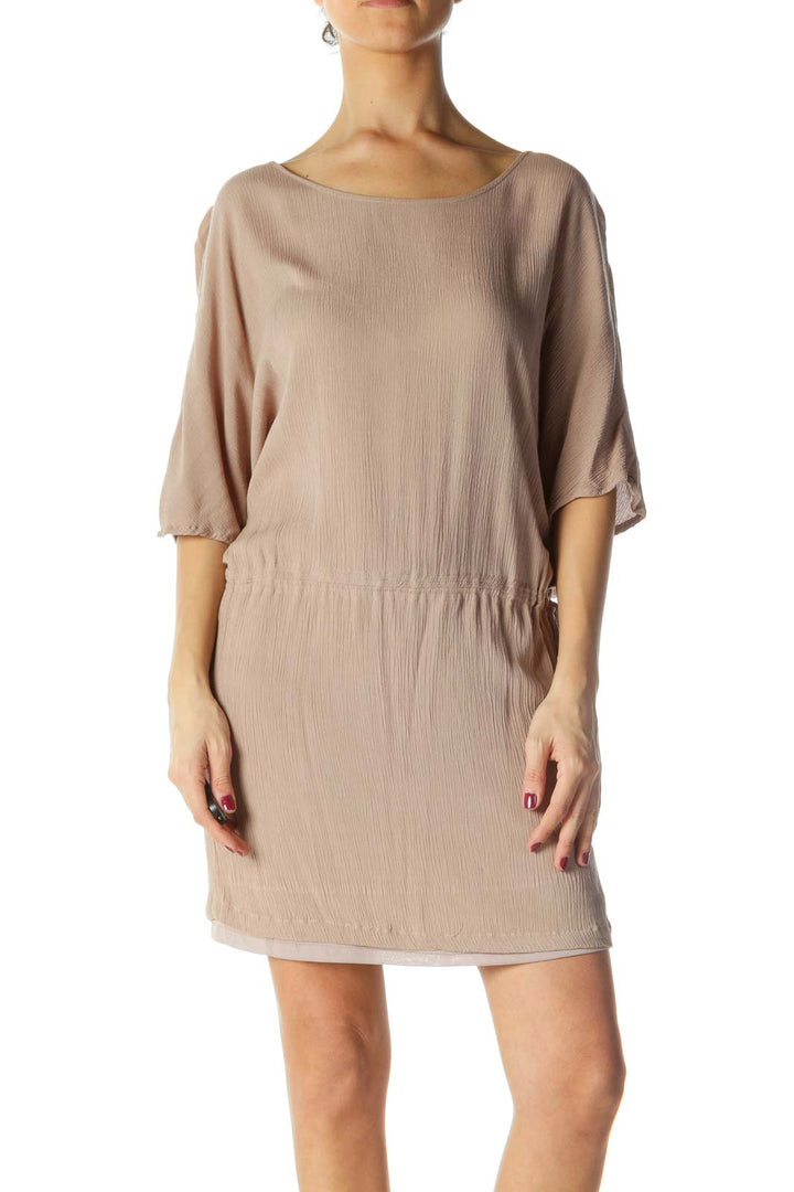 Brown Ribbed Short Sleeve Dress