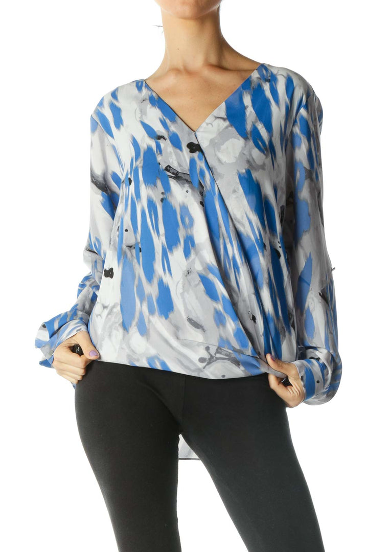 Gray, Blue, and Black Print V-Neck Long Sleeve Blouse