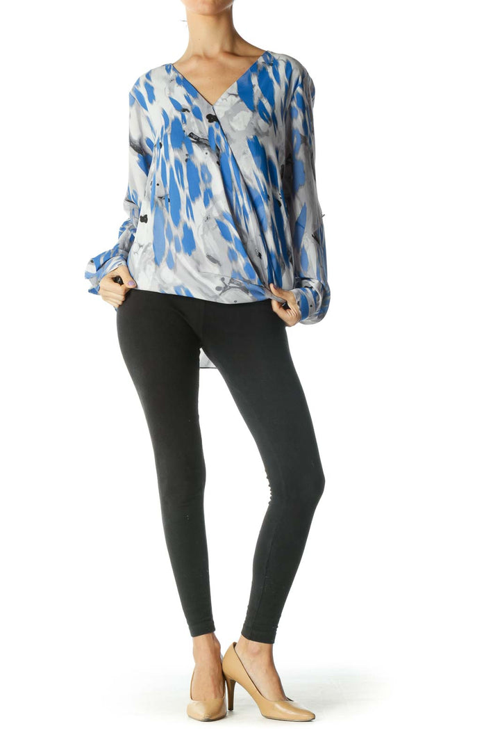 Gray, Blue, and Black Print V-Neck Long Sleeve Blouse