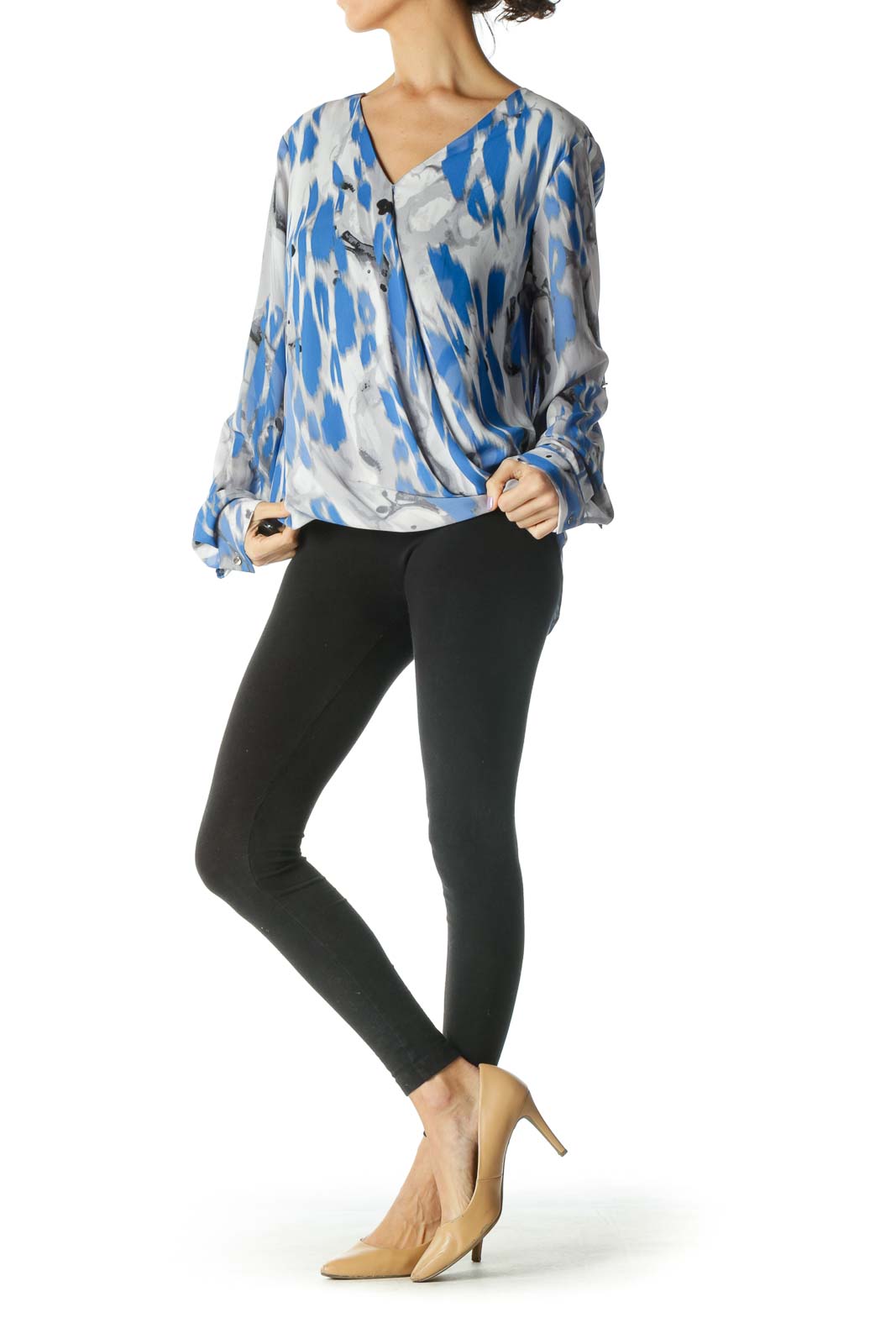 Gray, Blue, and Black Print V-Neck Long Sleeve Blouse