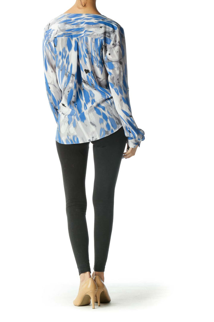 Gray, Blue, and Black Print V-Neck Long Sleeve Blouse