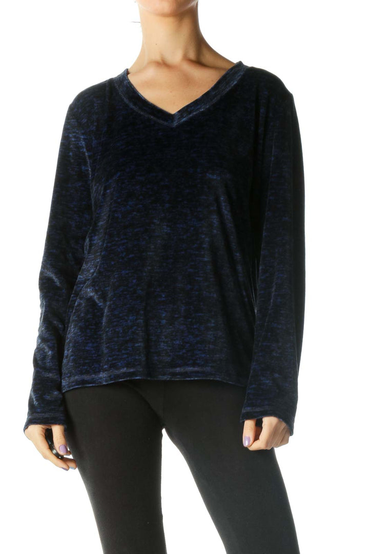 Blue and Black Soft Long Sleeve V-neck Knit Top