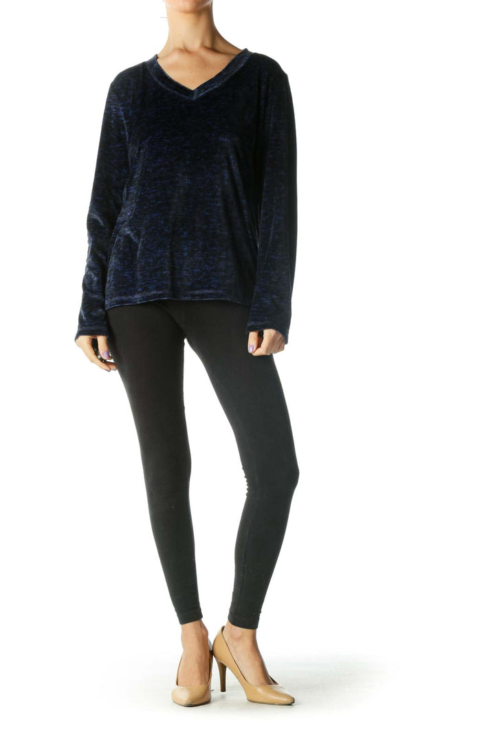 Blue and Black Soft Long Sleeve V-neck Knit Top