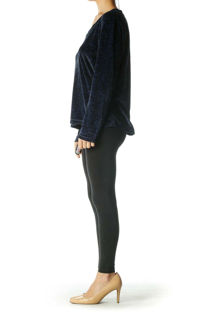 Blue and Black Soft Long Sleeve V-neck Knit Top