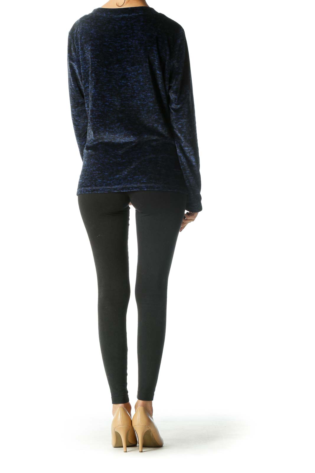 Blue and Black Soft Long Sleeve V-neck Knit Top