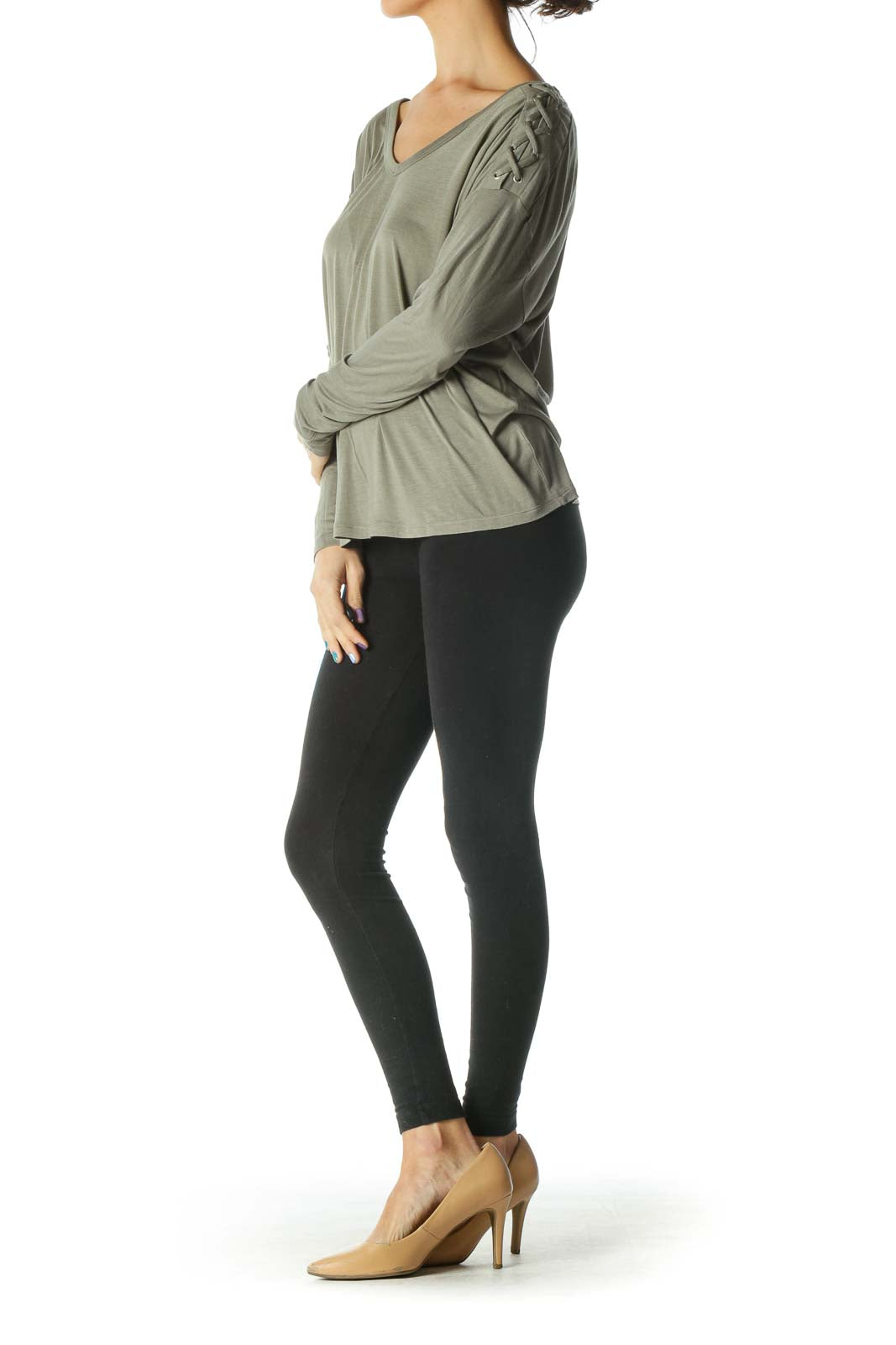 Gray Long Sleeve V Neck Shirt