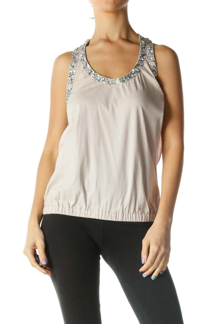 Beige Jewel Neckline Racerback Tank Top