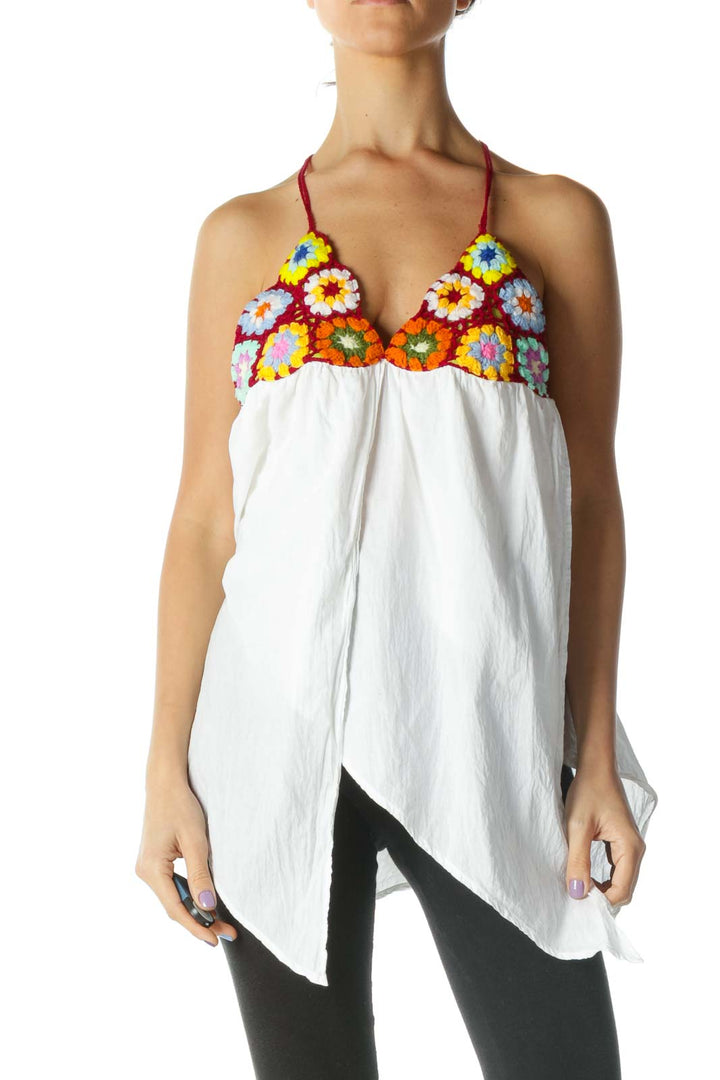 White and Multicolored Floral Halter Knit Top