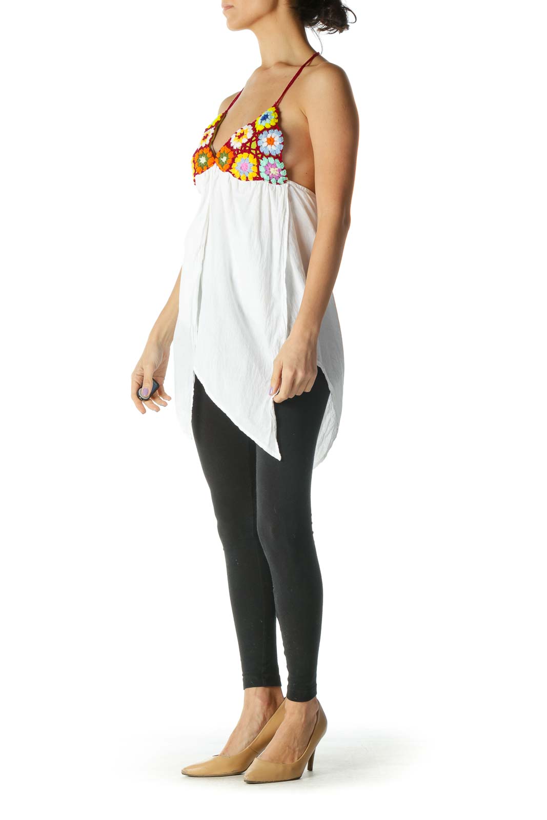 White and Multicolored Floral Halter Knit Top