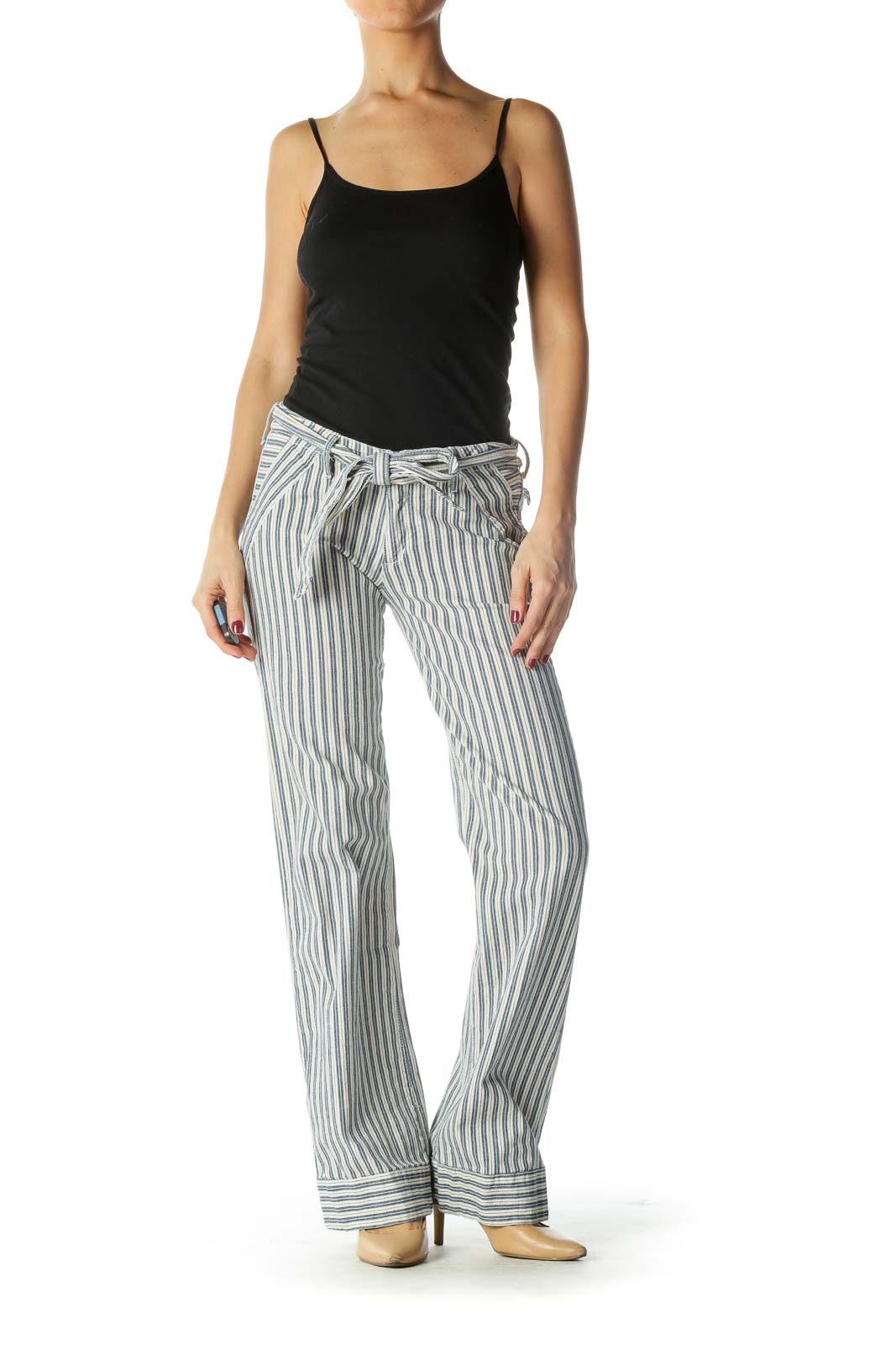 Blue and Cream Striped Wide-Leg Pants