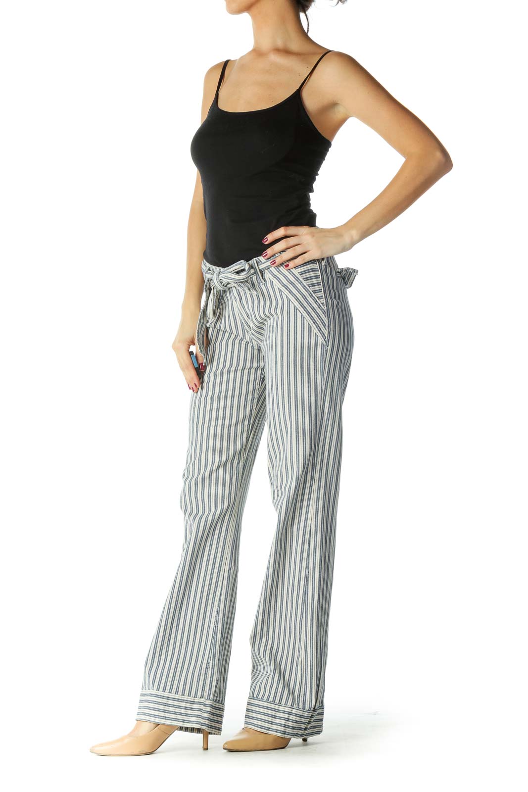 Blue and Cream Striped Wide-Leg Pants