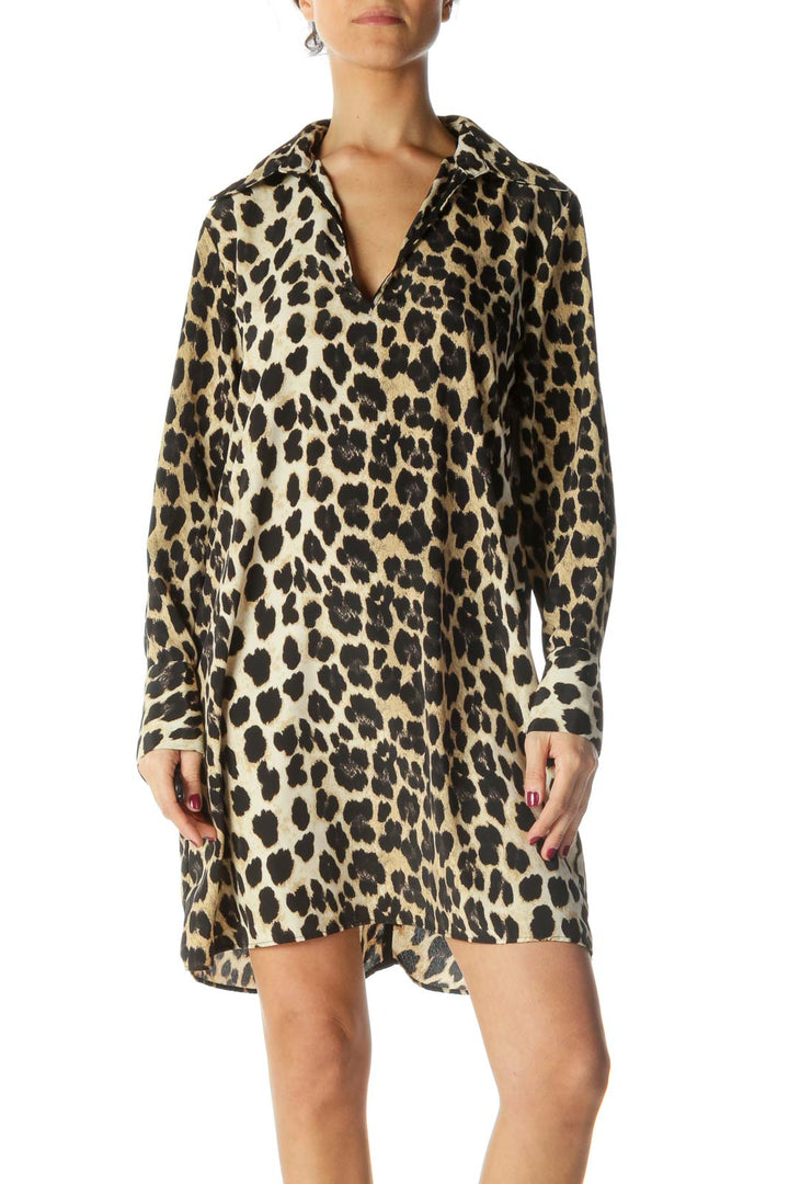 Brown and Black Cheetah Print Deep V-Neck Collared Long Sleeve Shirt Day Dress