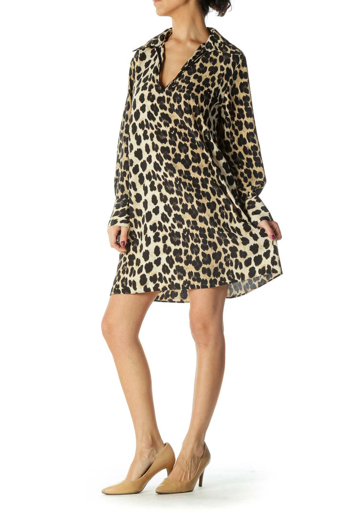 Brown and Black Cheetah Print Deep V-Neck Collared Long Sleeve Shirt Day Dress