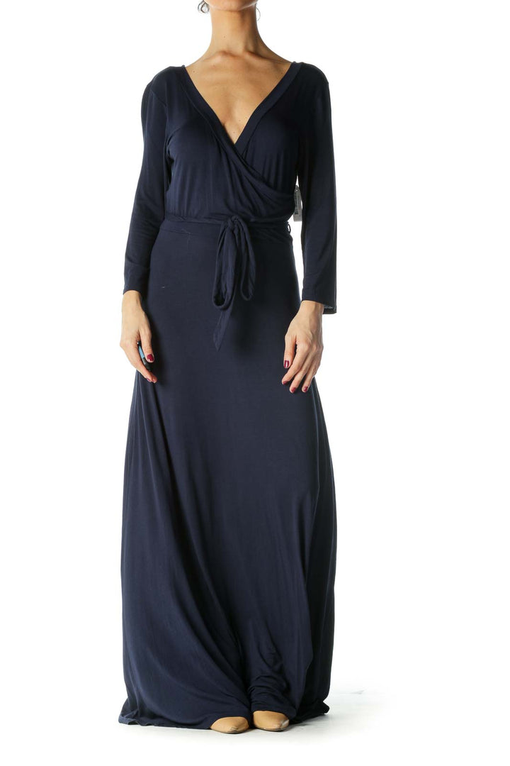 Navy Mock Wrap Waist Tie Maxi Jersey Dress