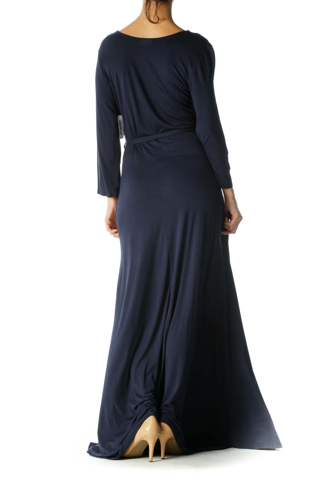 Navy Mock Wrap Waist Tie Maxi Jersey Dress