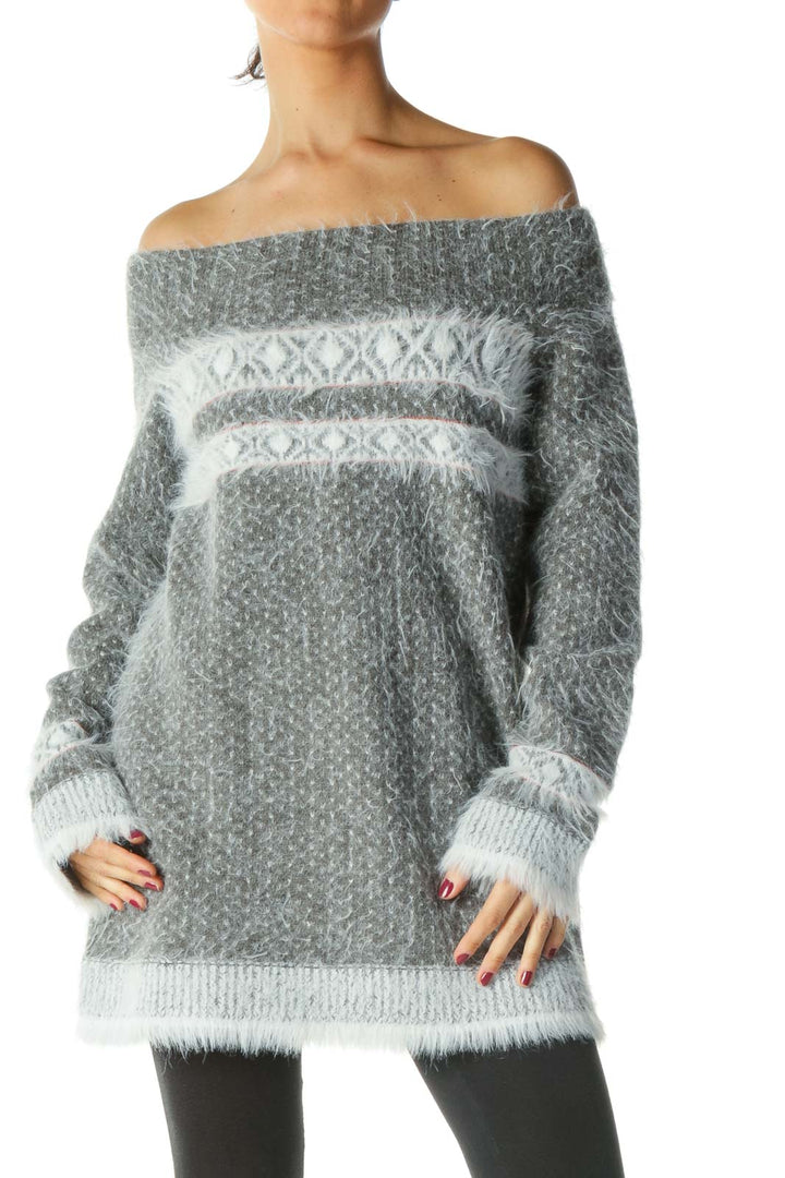 Gray Off Shoulder Long Sleeve Sweater