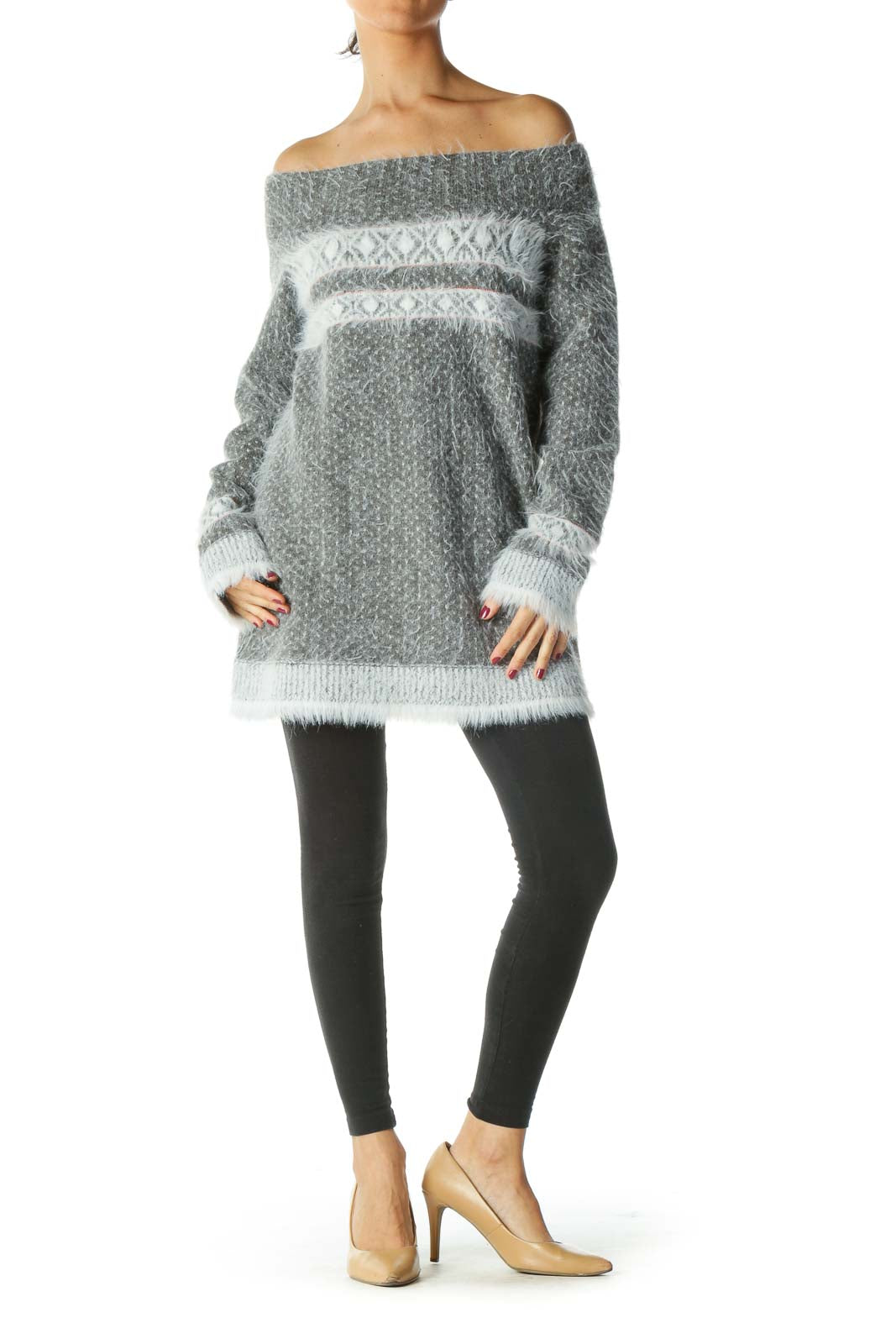 Gray Off Shoulder Long Sleeve Sweater