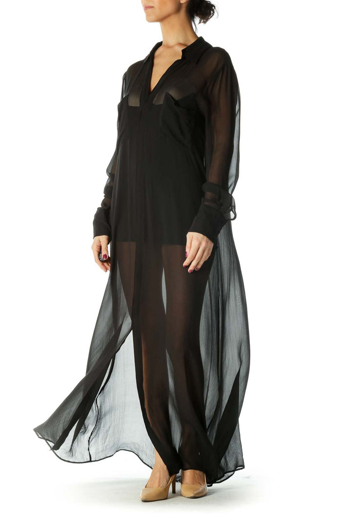 Black  Slitted Long Sleeve Deep V Neck Maxi Dress