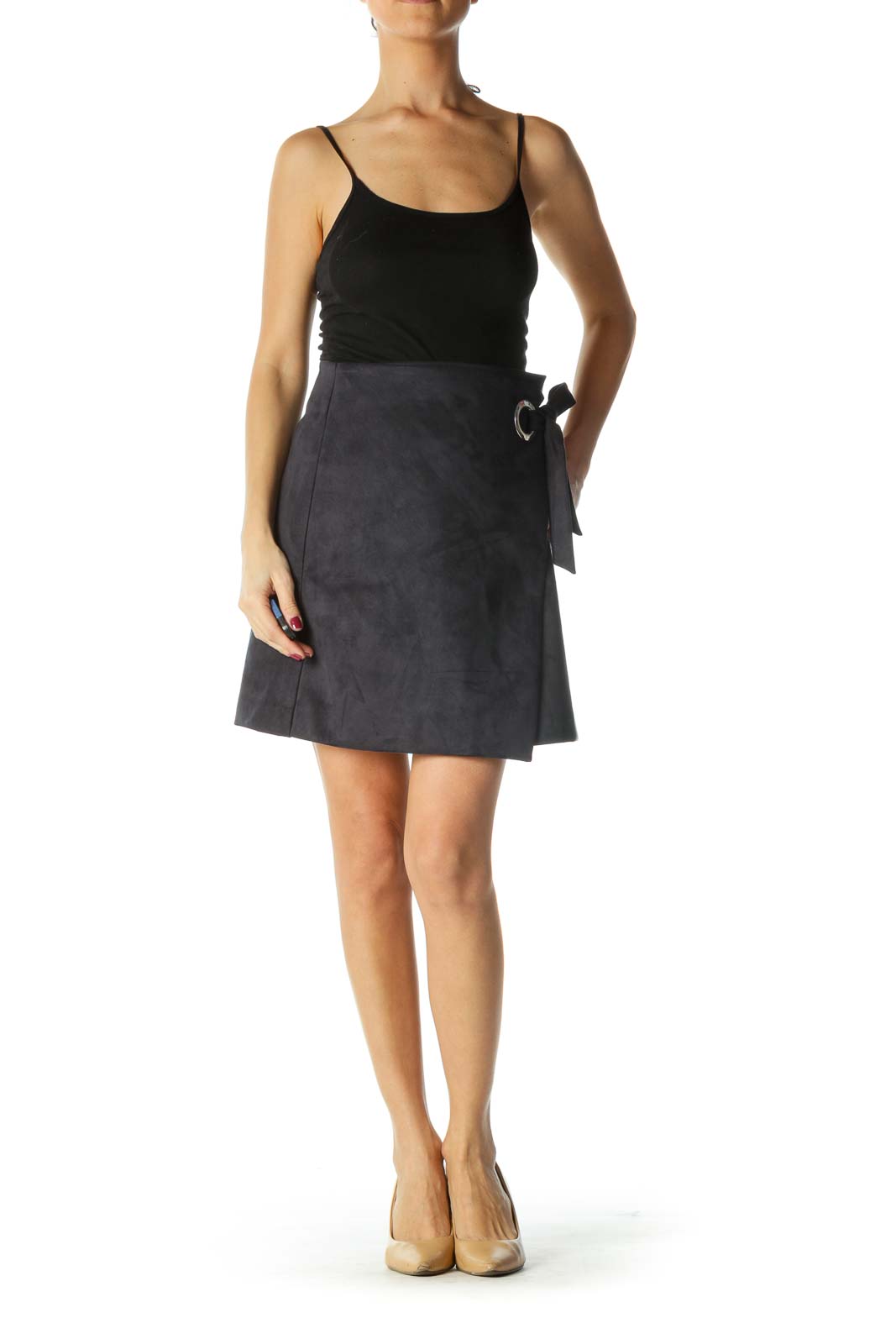 Blue Suede Flared Skirt with Wasit-tie