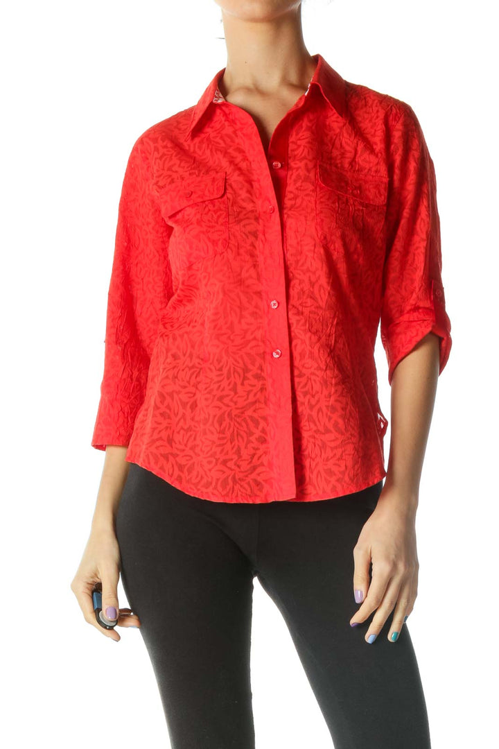 Red Floral 3/4 Sleeve Collared Shirt