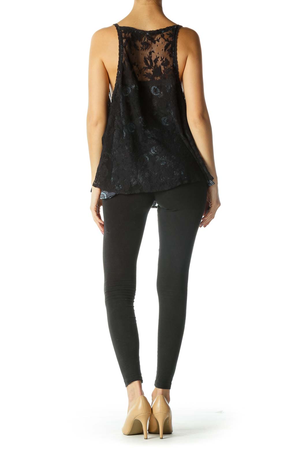 Back view of Free People black floral lace sleeveless top on model