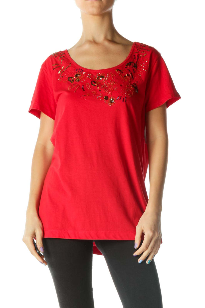 Red Beaded and Sequined T-Shirt