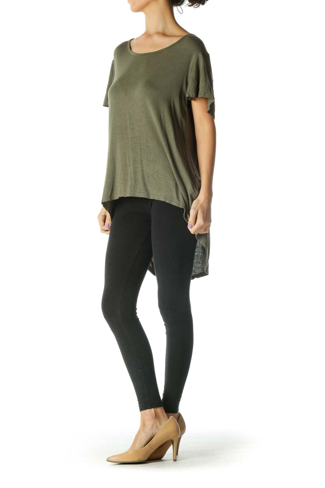 Green Short Sleeve High Low Cutout T-Shirt