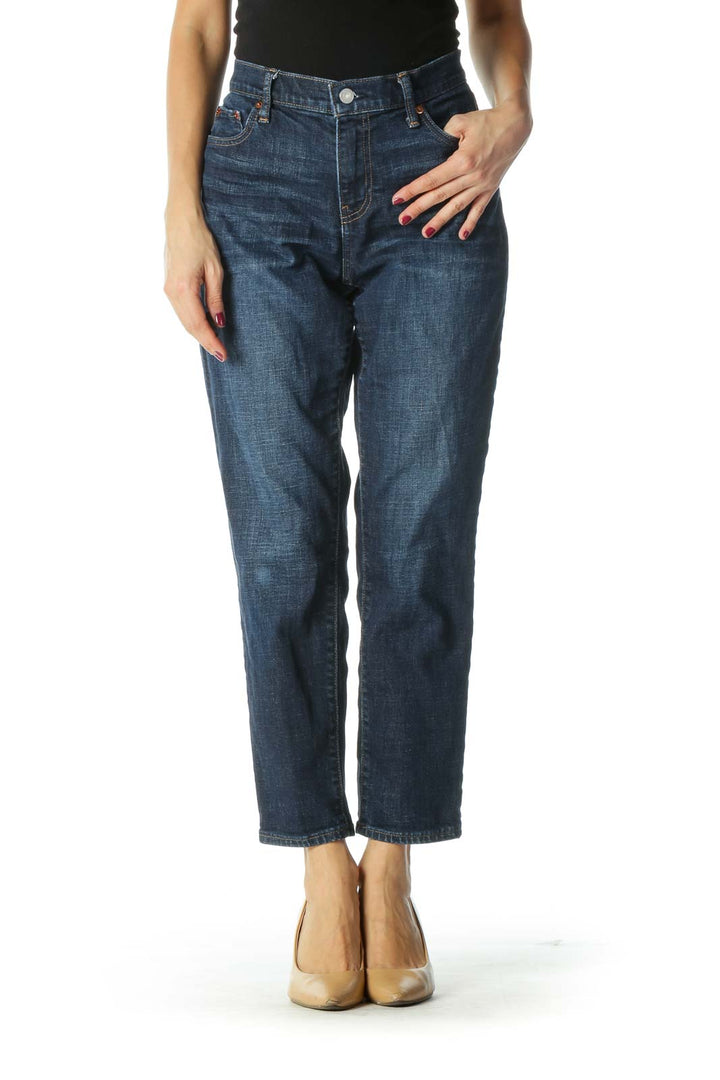 Blue Medium-Wash Straight Leg Denim Jeans