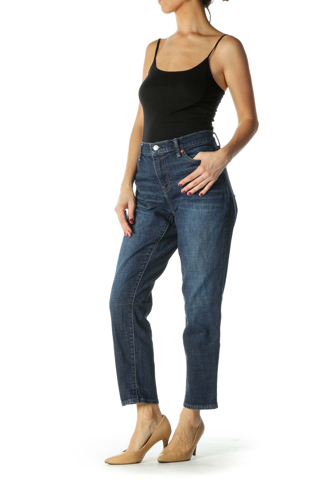 Blue Medium-Wash Straight Leg Denim Jeans