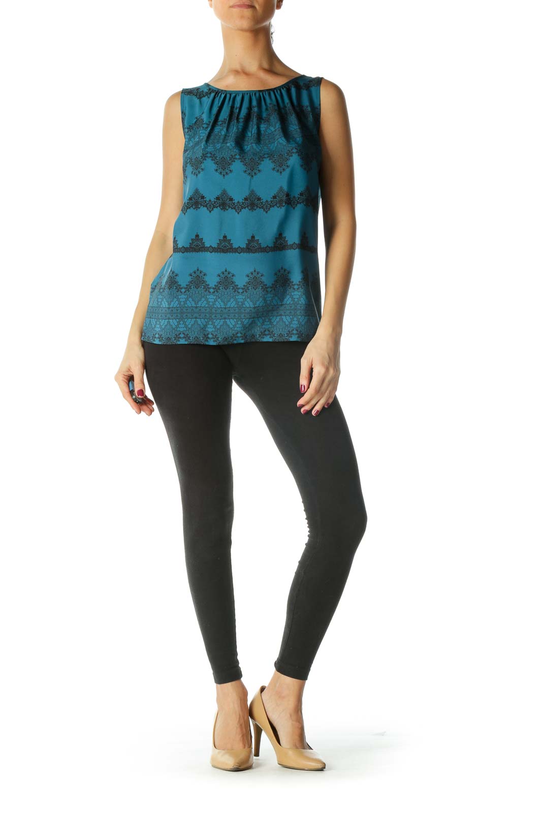 Black and Blue Lace Print Sleeveless Blouse