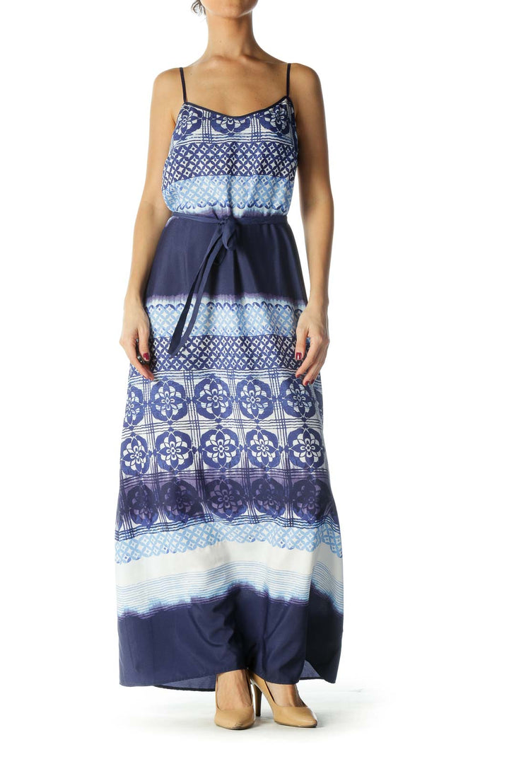 Blue, Navy, Beige Spaghetti Printed Waist Tie Maxi Day Dress