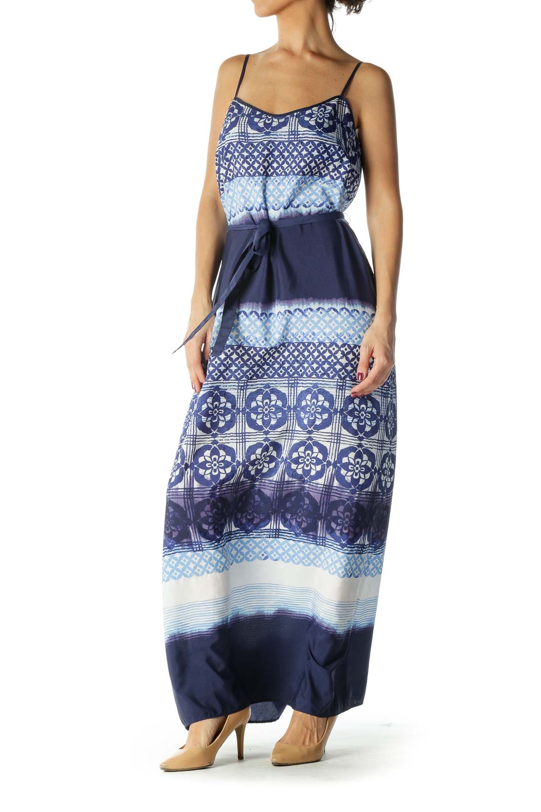 Blue, Navy, Beige Spaghetti Printed Waist Tie Maxi Day Dress