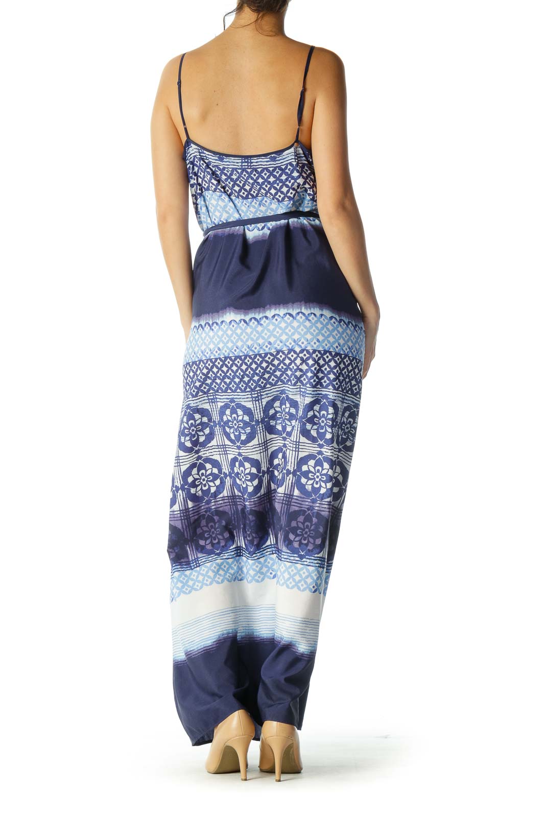 Blue, Navy, Beige Spaghetti Printed Waist Tie Maxi Day Dress