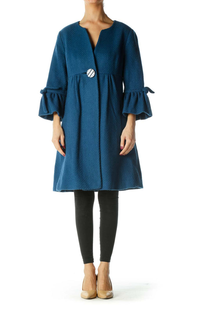 Blue Wool Cotton Round Neck Flared Sleeves Coat