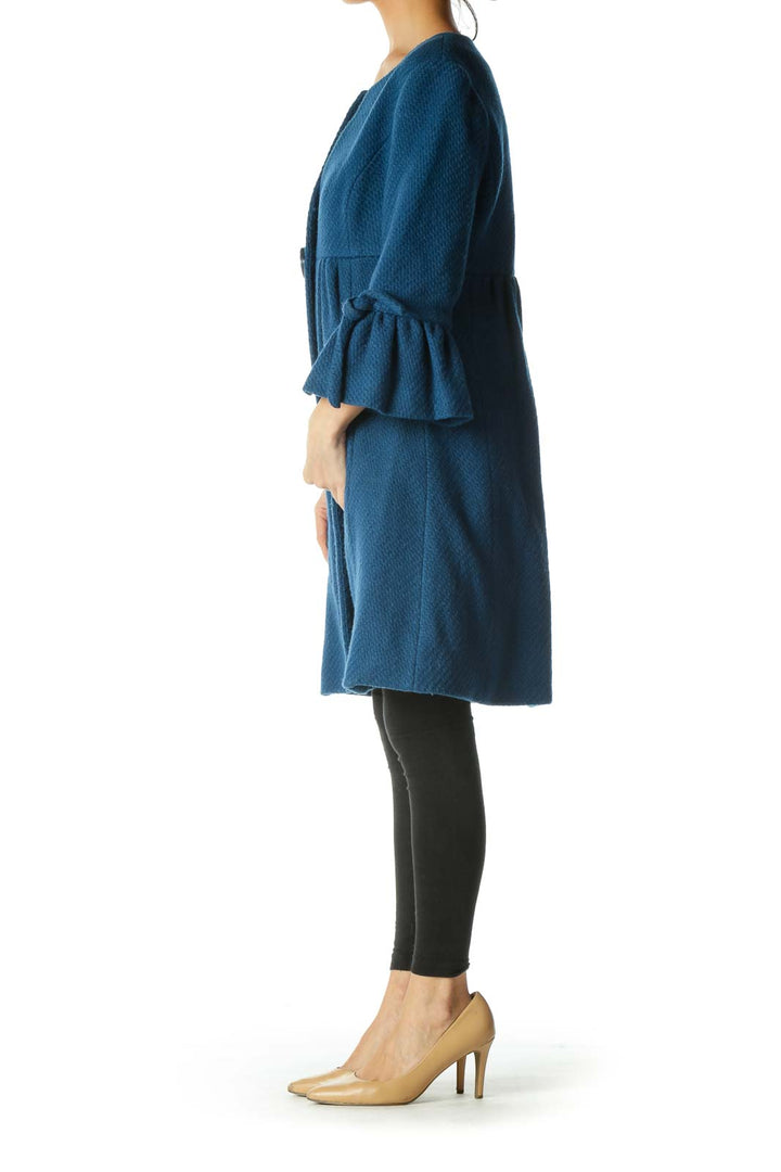 Blue Wool Cotton Round Neck Flared Sleeves Coat