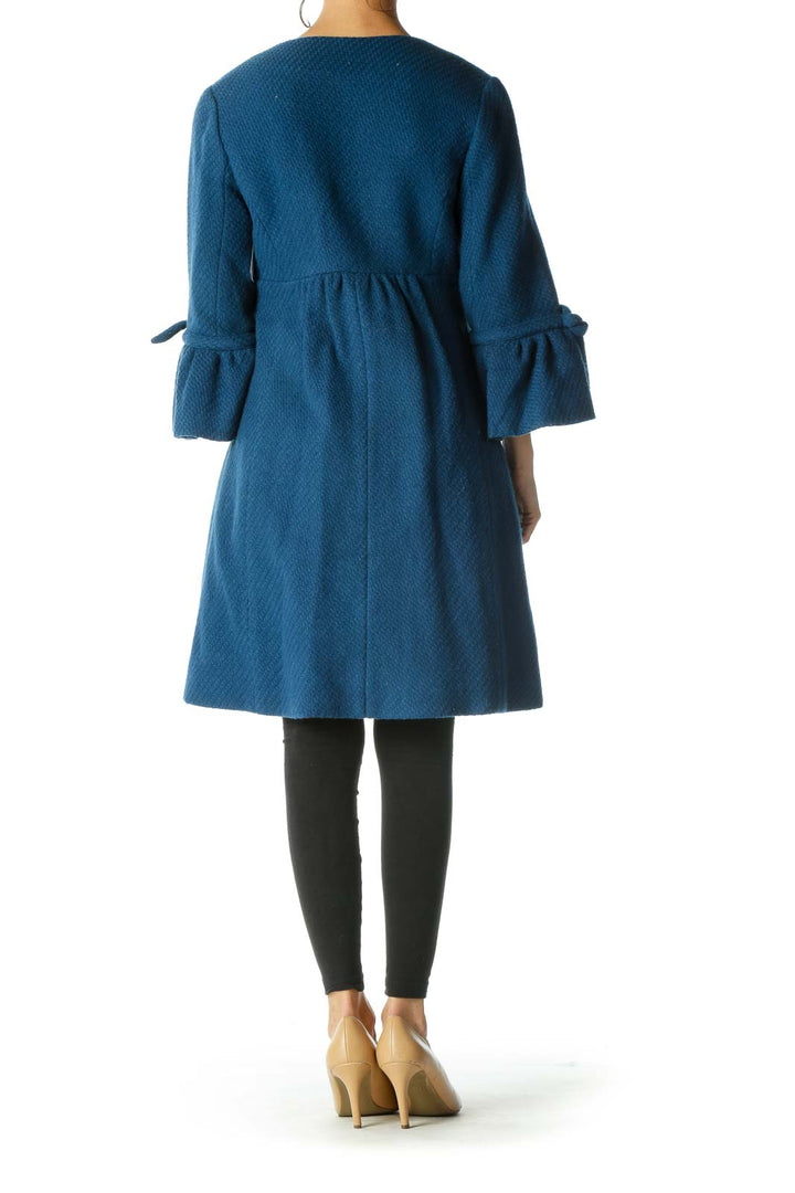 Blue Wool Cotton Round Neck Flared Sleeves Coat