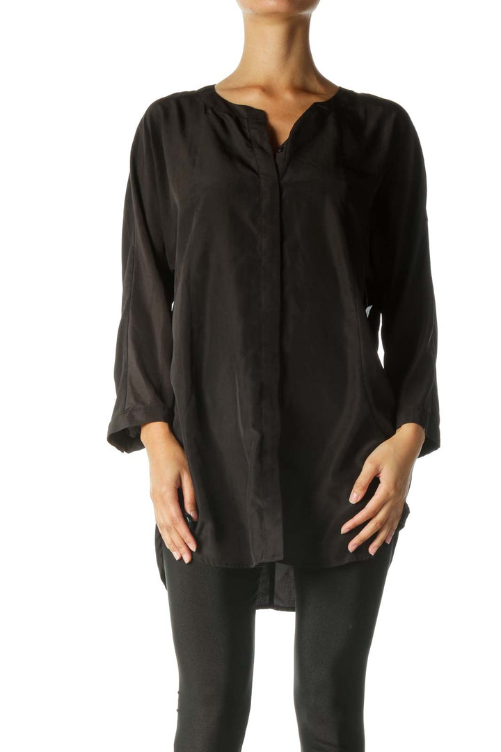 Black Button Down Mandarin Collar Long Sleeve Tunic