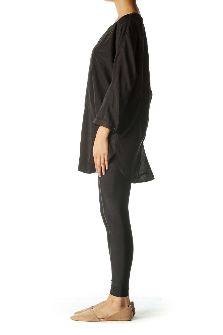 Black Button Down Mandarin Collar Long Sleeve Tunic