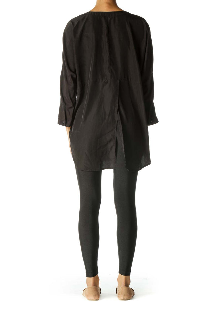 Black Button Down Mandarin Collar Long Sleeve Tunic