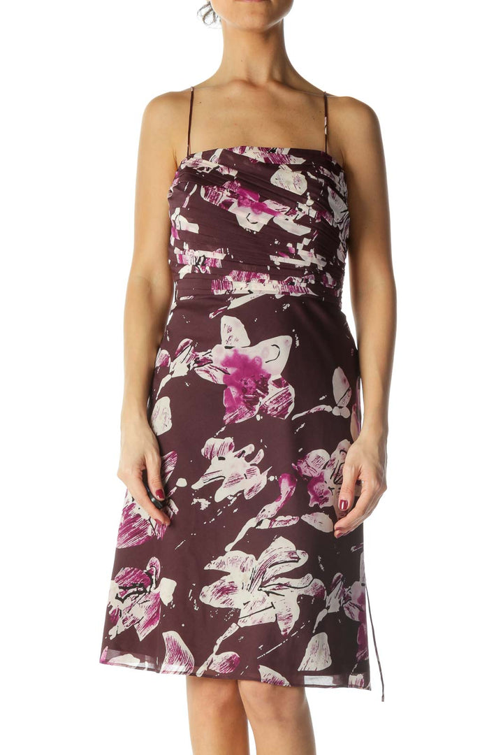 Purple Floral Spaghetti Strap Waist Tie Cocktail Dress