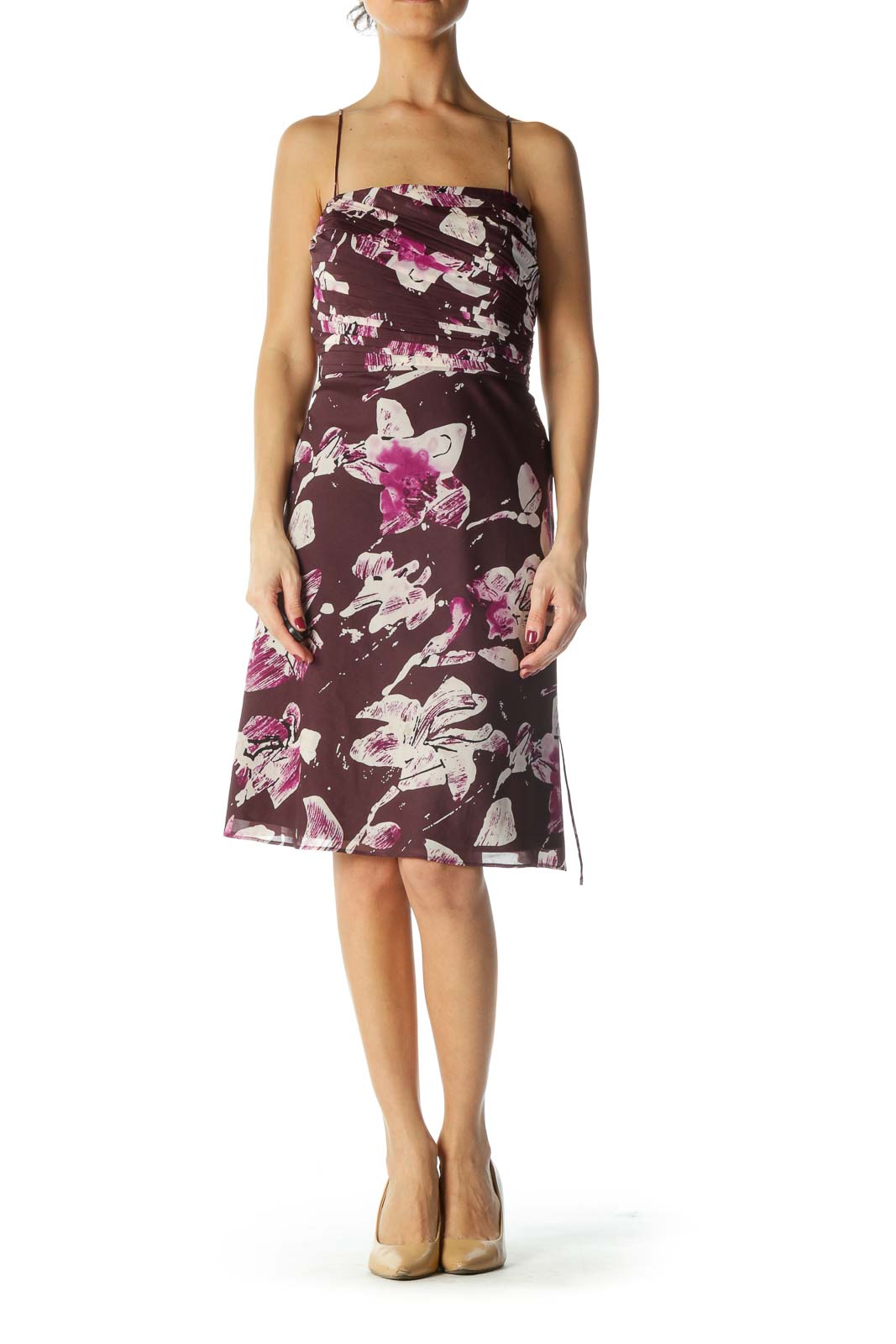 Purple Floral Spaghetti Strap Waist Tie Cocktail Dress