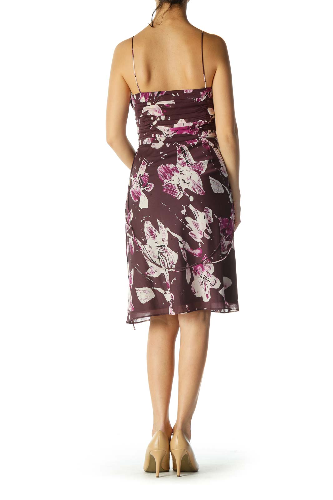 Purple Floral Spaghetti Strap Waist Tie Cocktail Dress