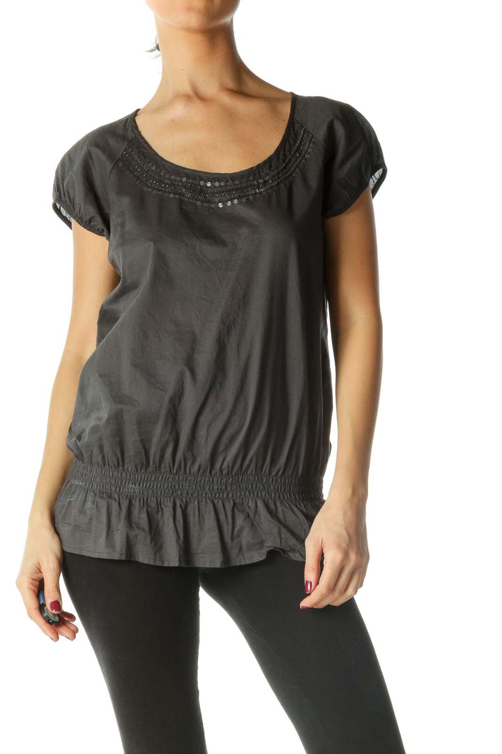 Gray Sequin Detail Elastic Waist Top