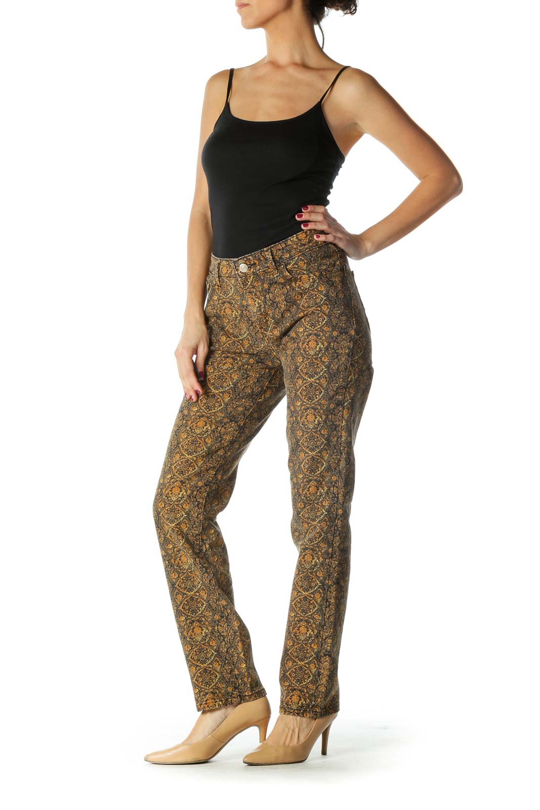 Black Orange Print Skinny Pants