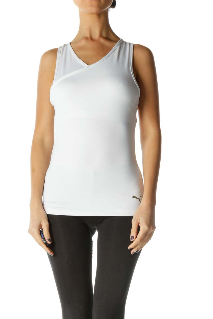 White Solid V Neck Sporty Tank Top