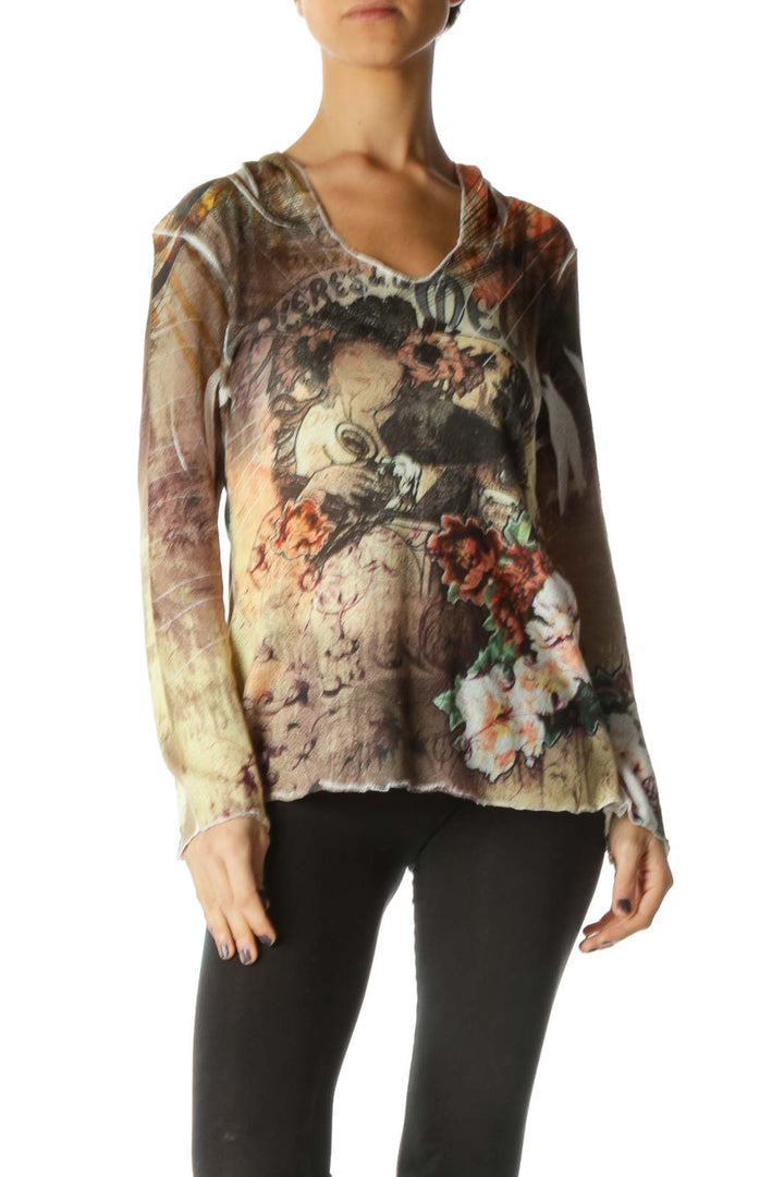 Brown Long Sleeve V Neck Casual T-Shirt