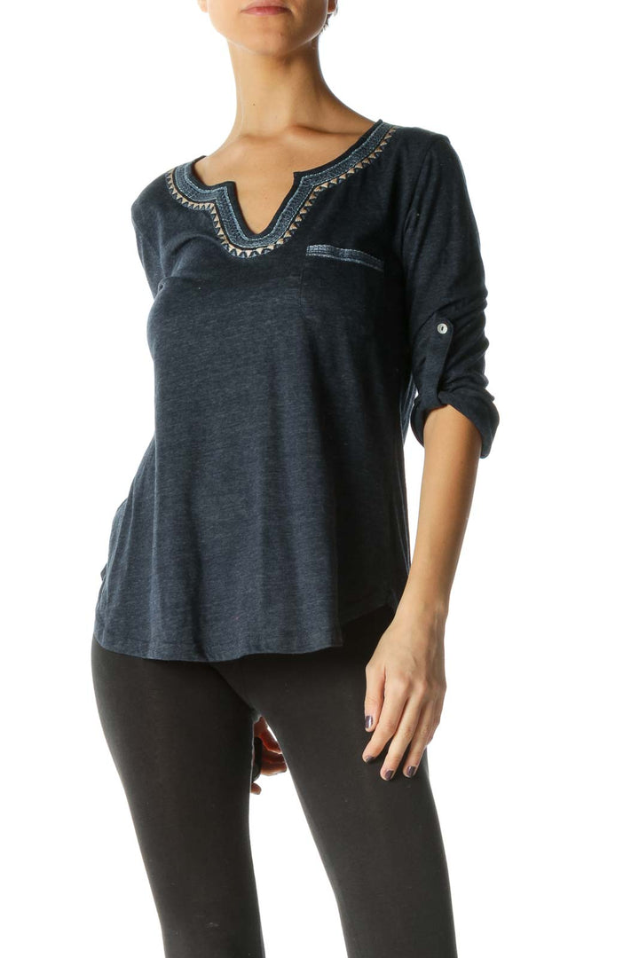 Blue Solid V Neck Casual Blouse